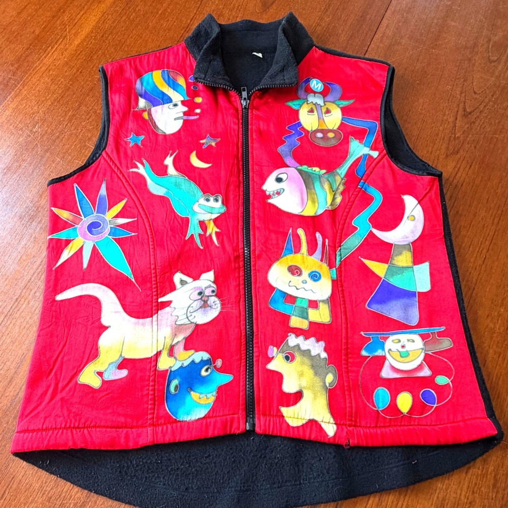 Whimsical Silk Art to Wear Fleece Lined Zip Up Vest Surrealist Print Boho Funky